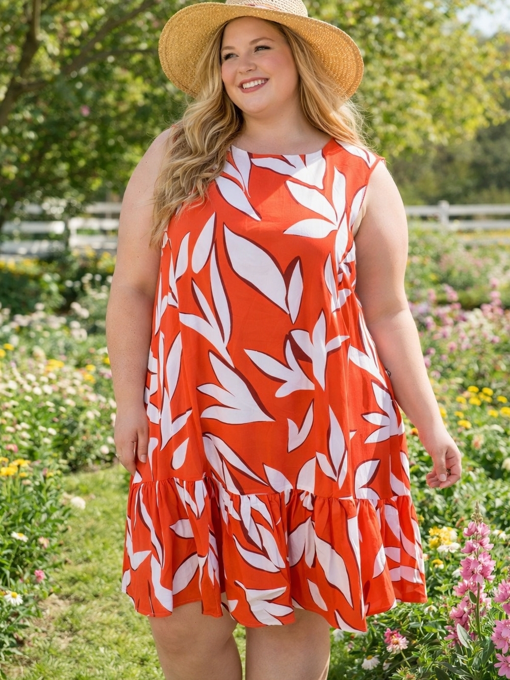 Sleeveless Orange Floral Swing Dress - Plus Size